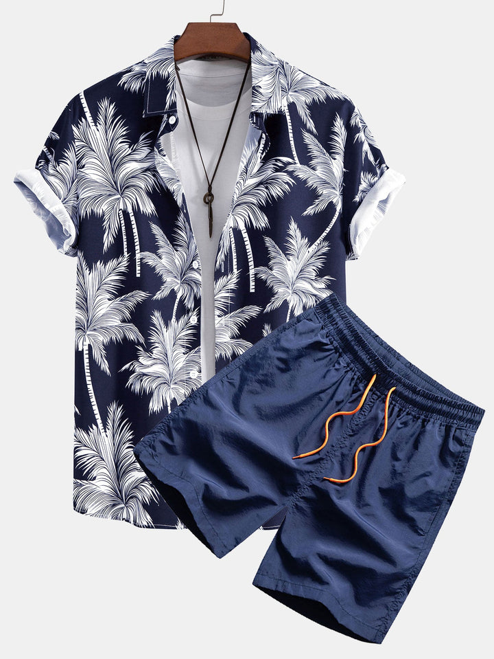 CARLOS PALM TREE PRINT BUTTON UP SHIRT & SWIM SHORTS