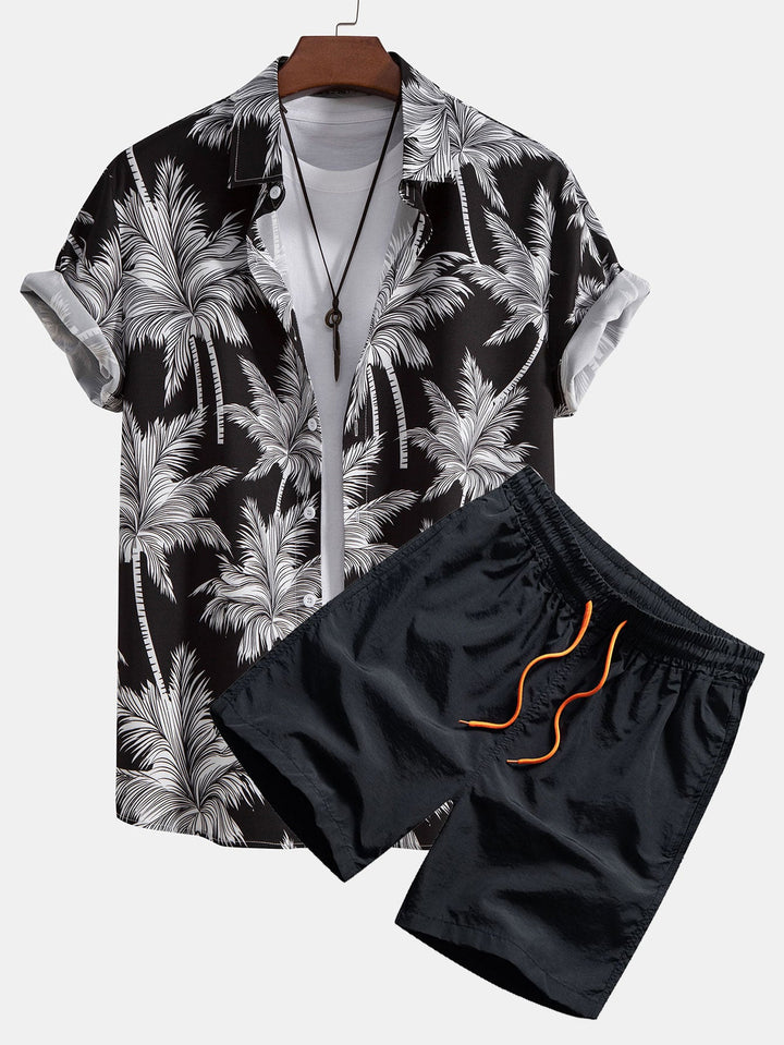 CARLOS PALM TREE PRINT BUTTON UP SHIRT & SWIM SHORTS