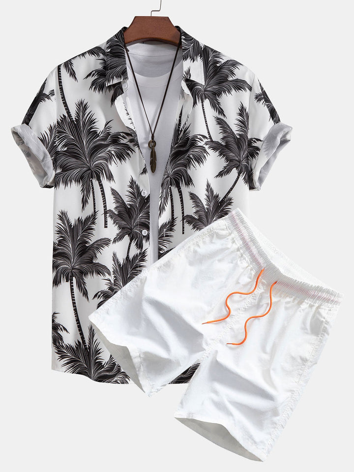 CARLOS PALM TREE PRINT BUTTON UP SHIRT & SWIM SHORTS