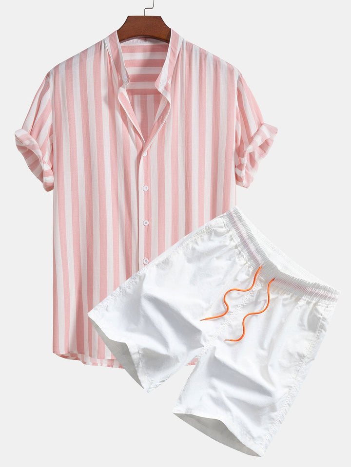 RICARDO STRIPED STAND COLLAR SHIRT & SWIM SHORTS