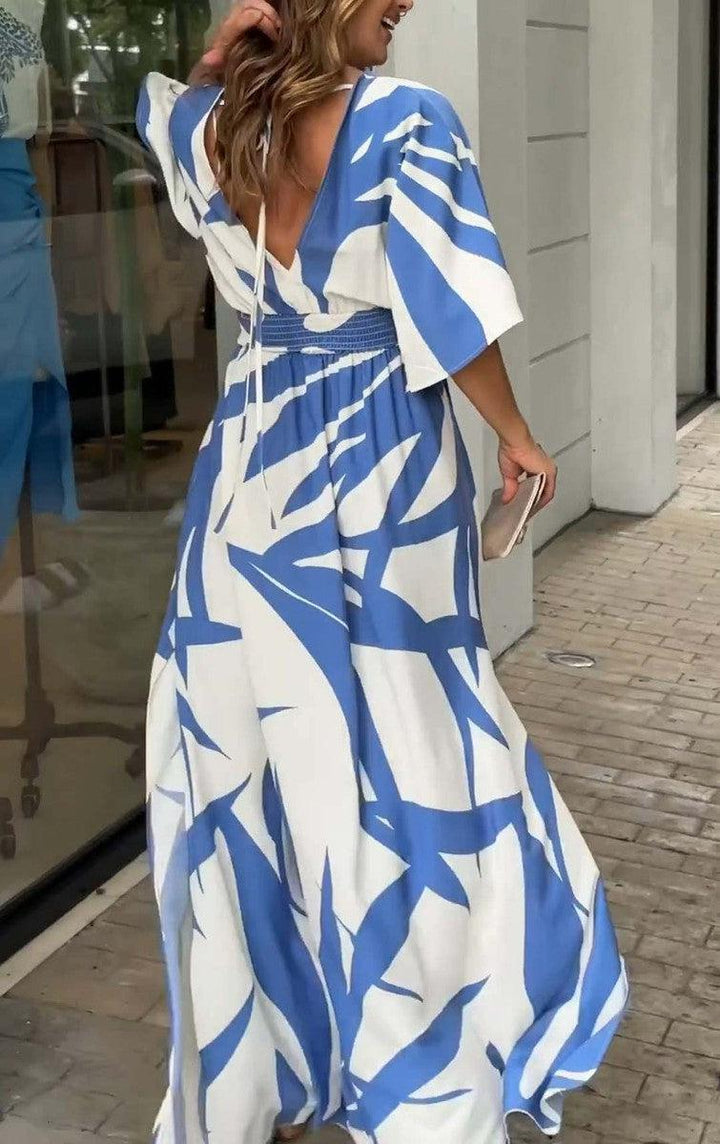 AMELIA PRINTED 3/4 SLEEVE BLUE MAXI DRESS