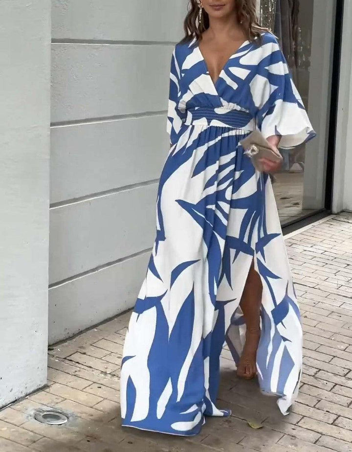 AMELIA PRINTED 3/4 SLEEVE BLUE MAXI DRESS