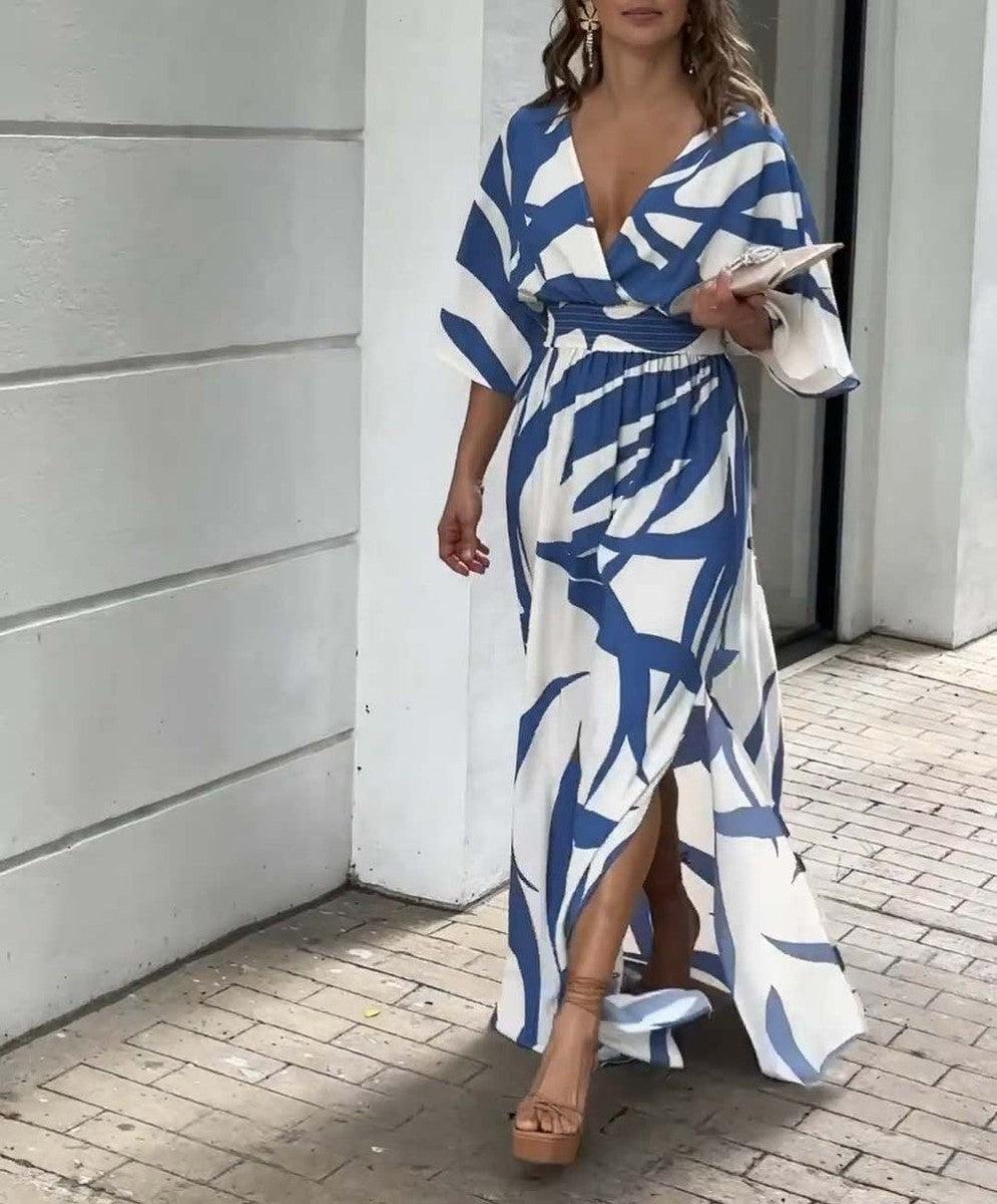 AMELIA PRINTED 3/4 SLEEVE BLUE MAXI DRESS