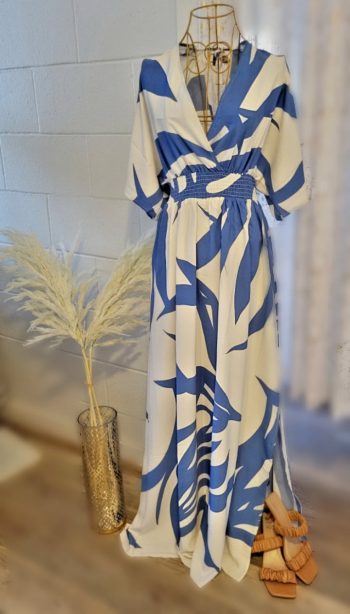 AMELIA PRINTED 3/4 SLEEVE BLUE MAXI DRESS