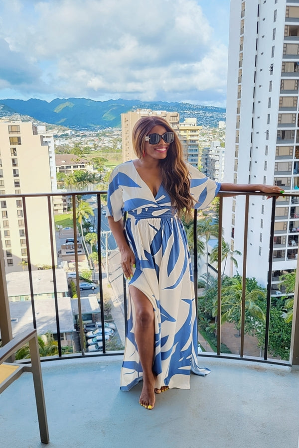 AMELIA PRINTED 3/4 SLEEVE BLUE MAXI DRESS