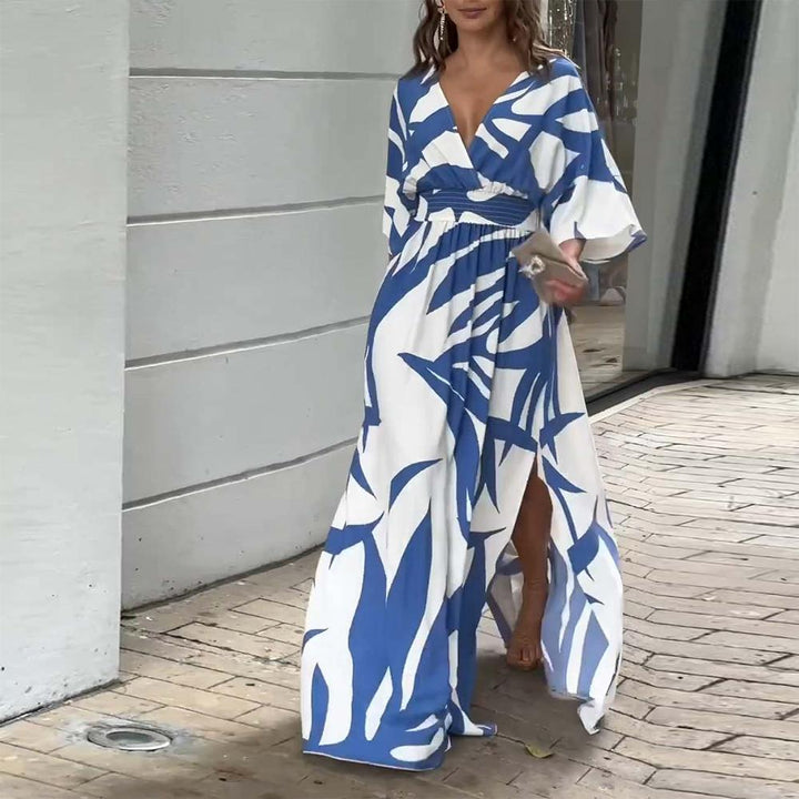 AMELIA PRINTED 3/4 SLEEVE BLUE MAXI DRESS