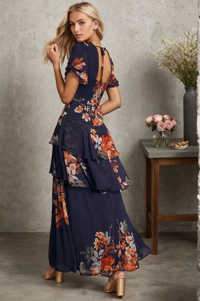 JULIA SHORT SLEEVE V-NECK BLUE MAXI DRESS