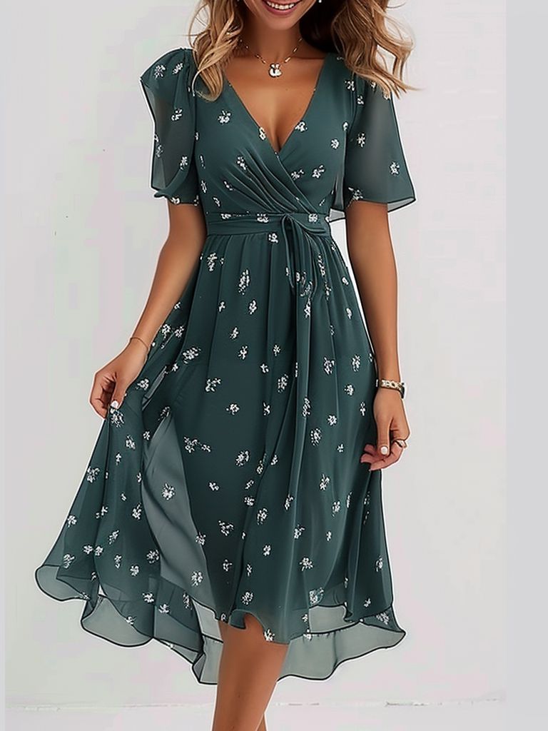 OLIVIA SHORT SLEEVE GREEN MIDI DRESS